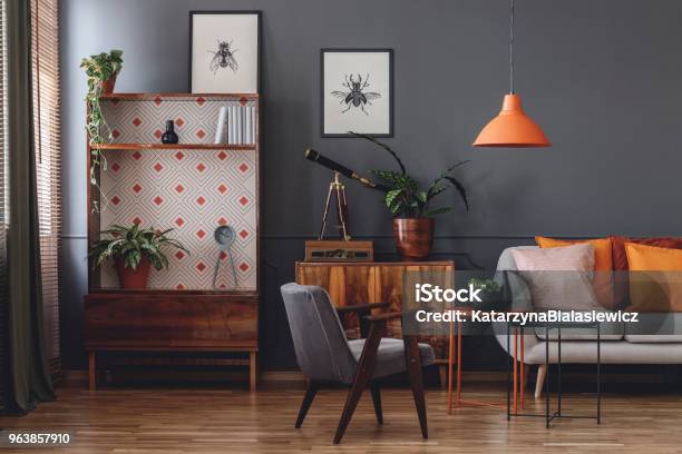 Vintage Grey Living Room Interior Stock Photo - Download Image Now - Living Room, Domestic Room, Domestic Life