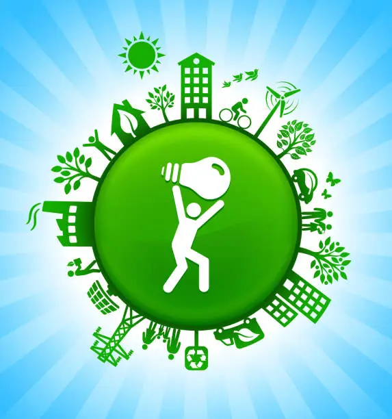 Vector illustration of Man Carrying Ligh Bulb Environment Green Button Background on Blue Sky