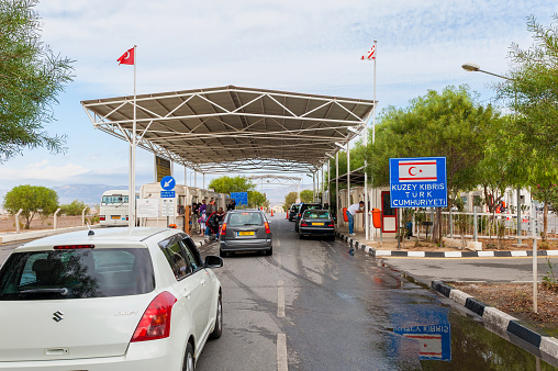 Nicosia, Cyprus - November 12, 2011: Border Crossing between Cyprus and the Turkish Republic of Northern Cyprus. Northern Cyprus is recognized by Turkey only. Cyprus has been divided since 1974.