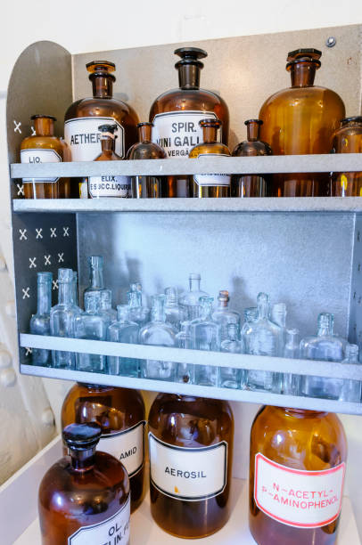 istock Bottles on shelves within a doctor's surgery from WW1. 963860954