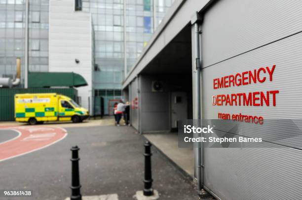 Ambulance Outside A Hospital Accident And Emergency Department Stock Photo - Download Image Now