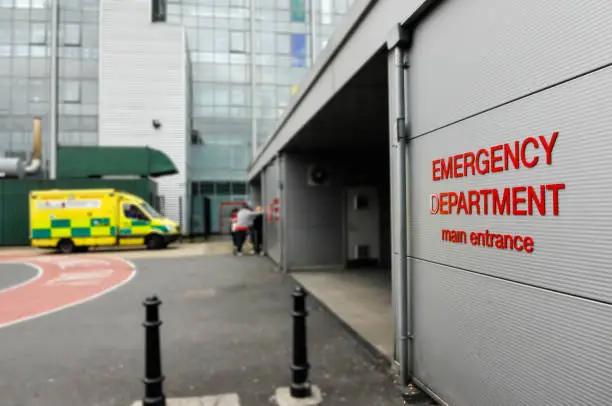 Photo of Ambulance outside a hospital Accident and Emergency department.