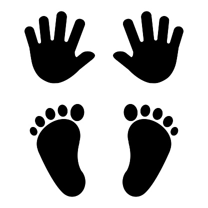 Baby's foot prints and hand prints. Black silhouettes. Vector illustration.
