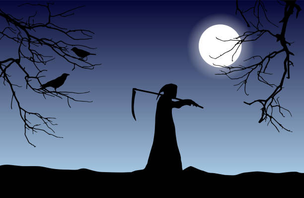 ilustrações, clipart, desenhos animados e ícones de silhueta de vetor da morte em uma capa segurando uma foice por cima do ombro com galhos de árvores mortas e de corvos em frente a lua brilhando. - harbinger