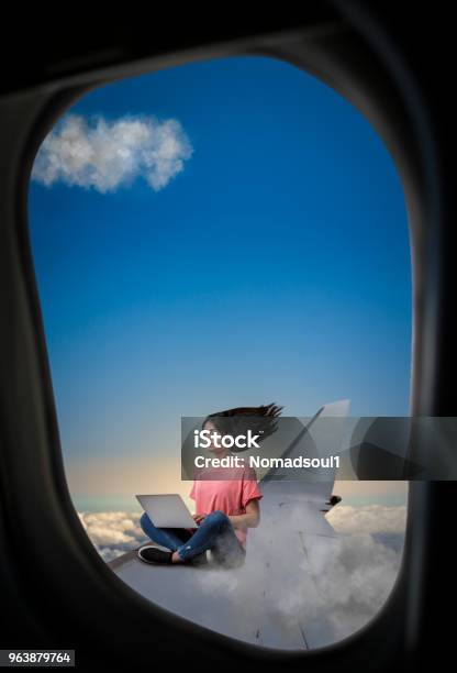 Woman With Laptop Sitting On Plane Wing Stock Photo - Download Image Now - Adult, Business, Concepts