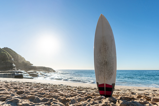 Surfboard in a beautiful beach in Australia  - summer lifestyle concepts