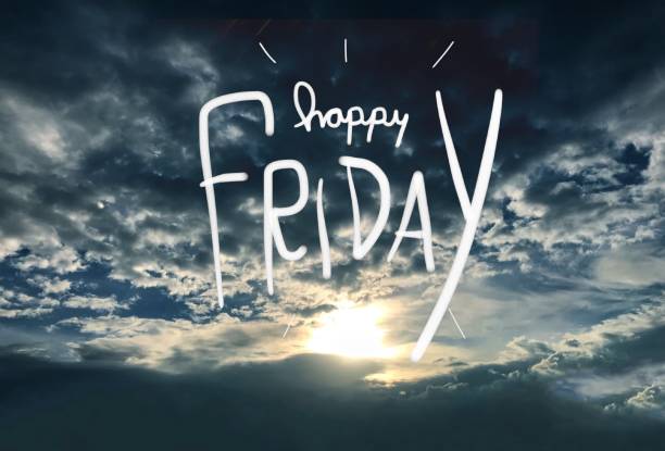 istock Happy Friday handwriting word on sunrise sky background 963929498