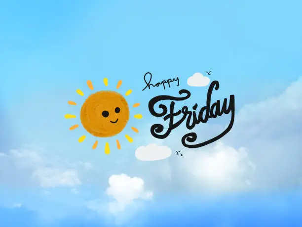 Good morning beautiful weekend word and cute sun smile on blue sky and cloud background