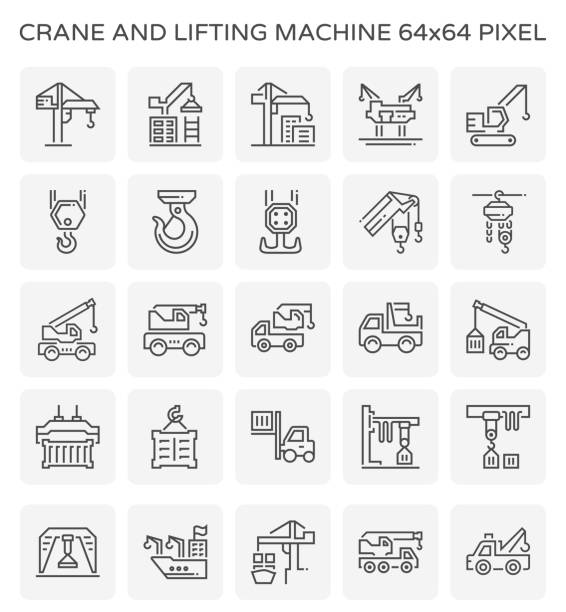 crane lifting machinne icon Crane and lifting machine icon set, 64x64 pixel perfect and editable stroke. cable winch stock illustrations