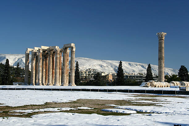 Zeus Olympius Temple in Winter stock photo