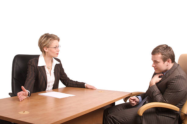 istock business woman, junior man talk - reprimand 96396462
