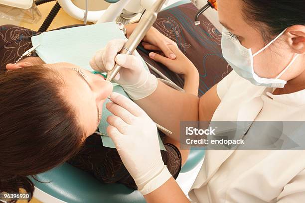 Weiblicher Patienten In Zahnarzt Stockfoto und mehr Bilder von Arbeitszimmer - Arbeitszimmer, Attraktive Frau, Ausrüstung und Geräte