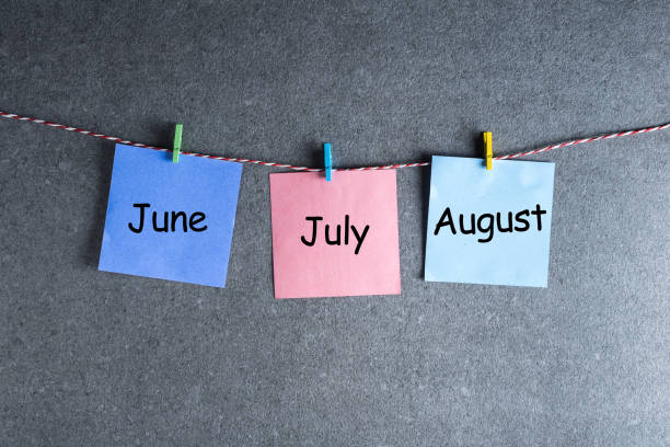 istock Three summer month - June, July and August - on notes pinned at dark wall background. Summer calendar concept 963989112