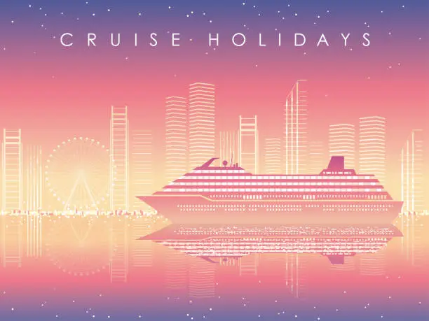 Vector illustration of Cruise liner and cityscape at dusk with text space.