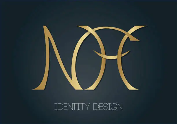 Vector illustration of Elegant monogram logo for brand design. Golden letters N and H on dark background with 3d feel