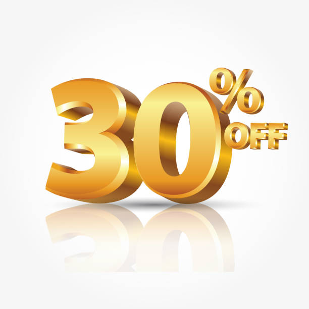 3d vector shiny gold text 30 percent off isolated on white background with reflection Vector illustration for promotion discount sale advertising. 3d number 30 gold stock illustrations