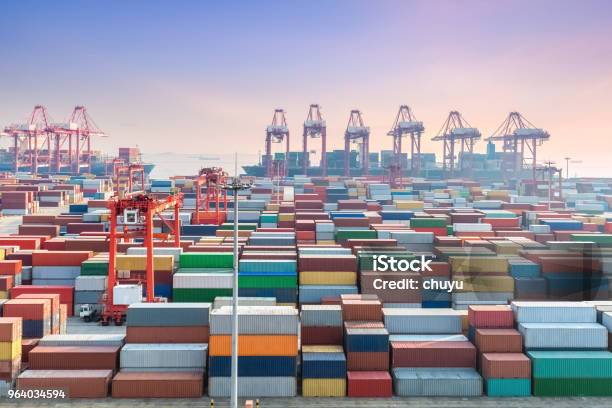 Shanghai Container Terminal In Sunset Stock Photo - Download Image Now - Cargo Container, Commercial Dock, Business