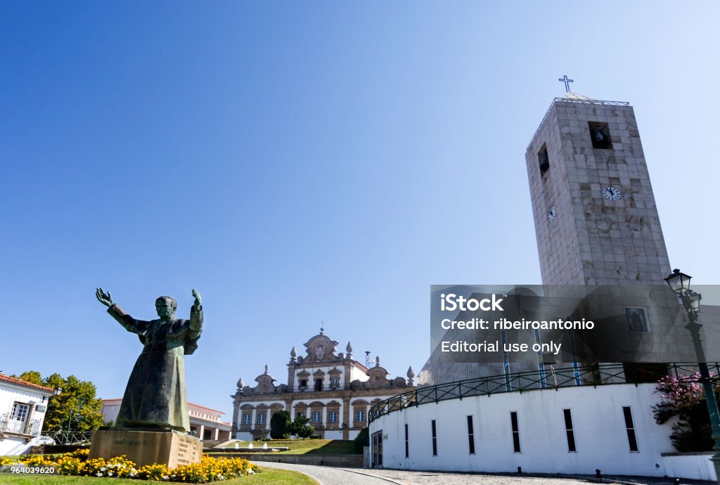 Mirandela City View View of the City Hall building, the Parish Church of Our Lady of Incarnation and the statue to Pope John Paul II, in Mirandela, Tras os Montes, Portugal 2017 Stock Photo