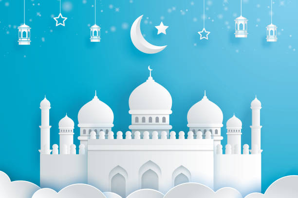 istock Happy Eid Mubarak greeting card with crescent moon paper art background. Ramadan Kareem vector illustration. Use for banner, poster, flyer, brochure sale template. 964042588