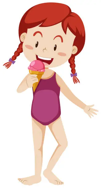 Vector illustration of A Girl With Swimming Suite Eating Ice Cream