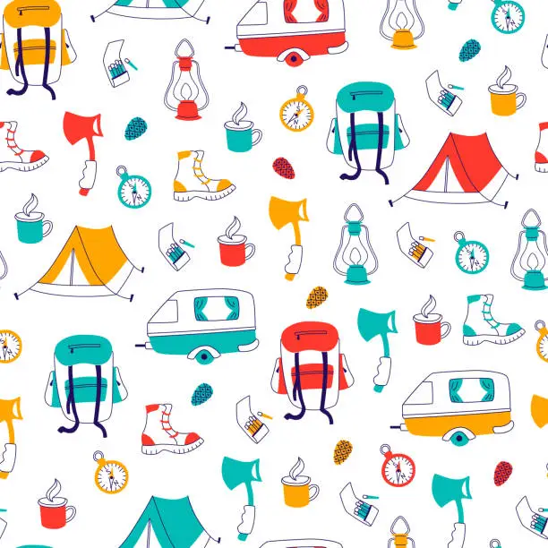 Vector illustration of Camping Hand Drawn Vector Seamless Pattern. Travel Doodles: Tent, Compass, Van and Backpack.