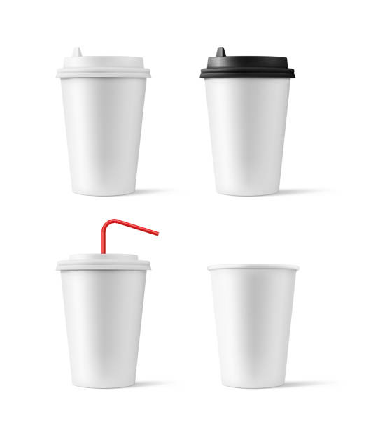 istock Set of realistic blank mock up paper cups with plastic lid. Coffee to go, take out mug. 964056088