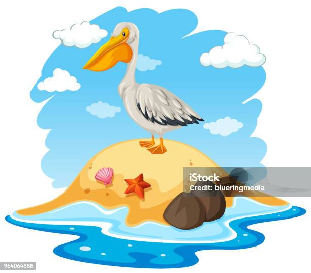 Pelican Bird On Small Island Stock Illustration - Download Image Now - Animal, Animal Shell, Animal Wildlife