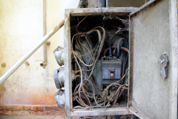 istock Old electric wire and switch in dirty service box on vintage background 964067692