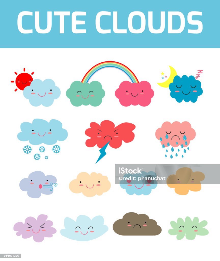 Lovely cute clouds icons, Set of Emoticons,Funny happy smiley clouds, Emoji. Smile icons. Isolated vector illustration Anger stock vector