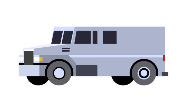 Armored cash truck Minimalistic icon armored cash truck front side view. Utility security van vehicle. Vector isolated illustration. armored truck stock illustrations