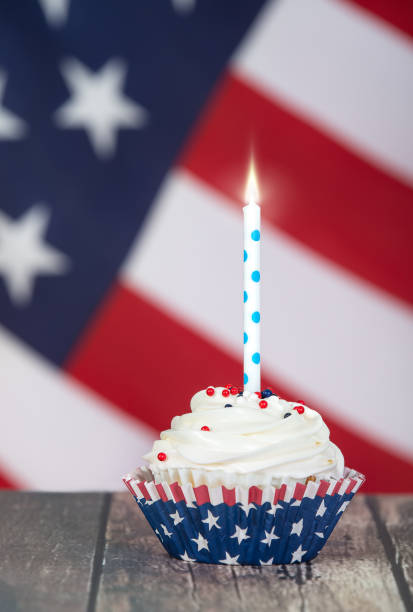 istock Patriotic 4th of July celebration cupcake with a candle 964077188