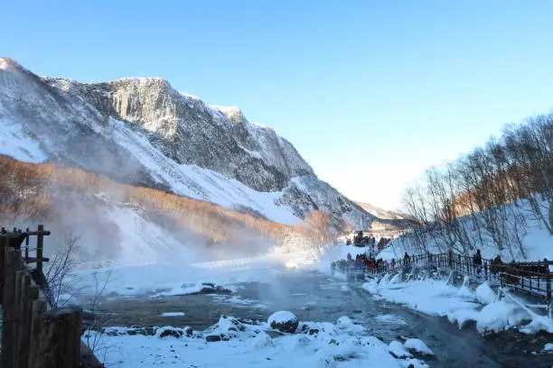 Changbai mountain range with a hot spring pool during winter