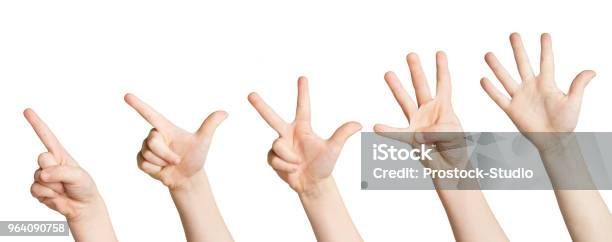Set Of White Child Hands Showing Figures Counting Stock Photo - Download Image Now - Advertisement, Arm, Boys