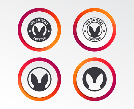 No animals testing icons. Non-human experiments signs symbols. Infographic design buttons. Circle templates. Vector