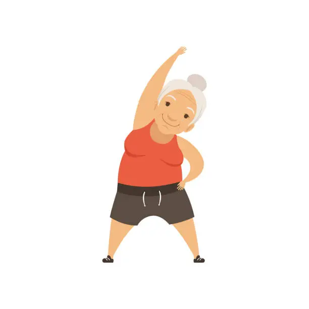 Vector illustration of Grey senior woman in sports uniform doing incline to side, grandmother character doing morning exercises or therapeutic gymnastics, active and healthy lifestyle vector Illustration