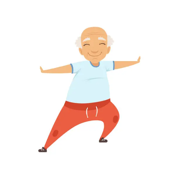 Vector illustration of Senior man doing sports, grandmother character doing morning exercises or therapeutic gymnastics, active and healthy lifestyle vector Illustration on a white background