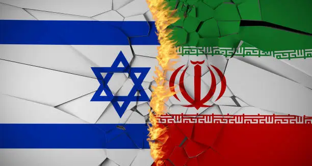 Realistic Broken Background With Israel And Iran Flags 3D Rendering Closeup