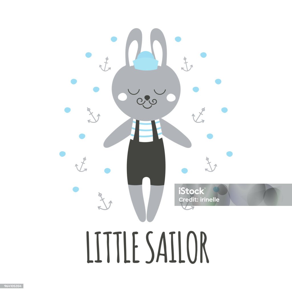 Cute baby pattern with little bunny. Cartoon animal boy print vector. Nautical illustration with sailor rabbit and anchors for children t-shirt, kids birthday party, pillow textile, nursery poster. Rabbit - Animal stock vector