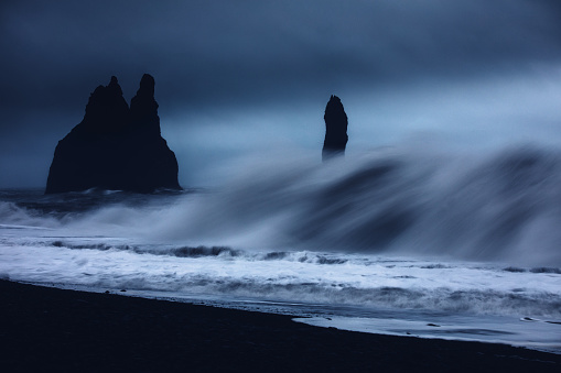 Long exposure of waves at Reynisdrangar beach on the South Coast of Iceland.