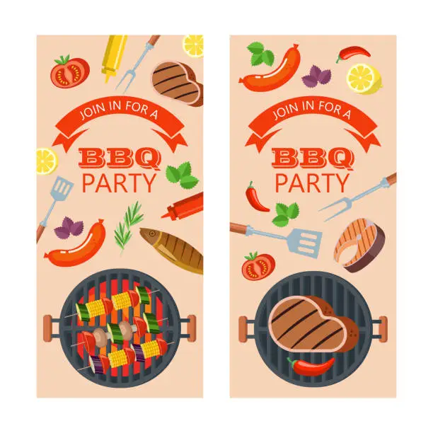 Vector illustration of Barbecue party. Grilled fish and vegetables. Vector illustration. Invitation.
