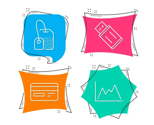 Vector illustration of Credit card, Usb flash and Tea bag icons. Diagram sign. Card payment, Memory stick, Brew hot drink.