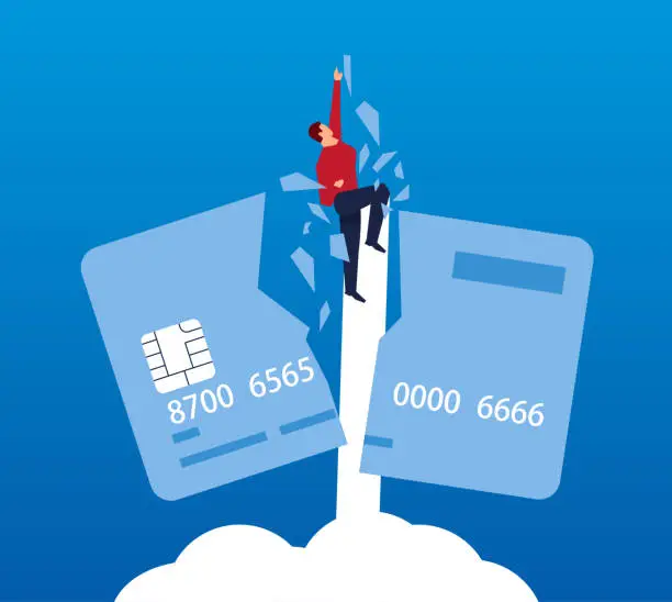 Vector illustration of Businessman rushed to the sky and smashed credit card