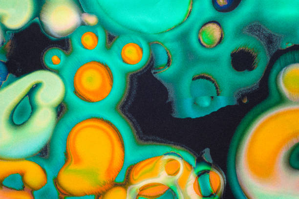 istock Texture, background, pattern. Fabric turquoise. Abstract pattern in the form of blurred colors, yellow, brown, green, salad circles 964113452