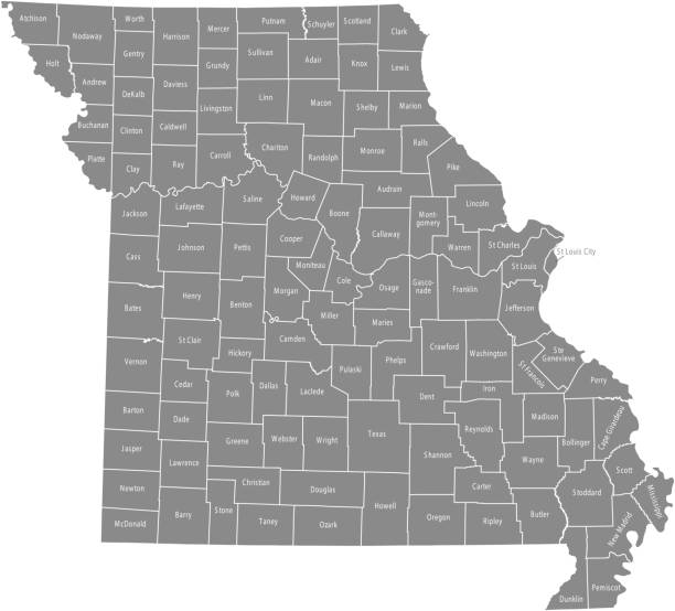 illustrations, cliparts, dessins animés et icônes de fond de contour gris de vecteur de carte du comté de missouri. carte de missouri etat des etats-unis avec les noms de comtés et de frontières étiquetés - clayton