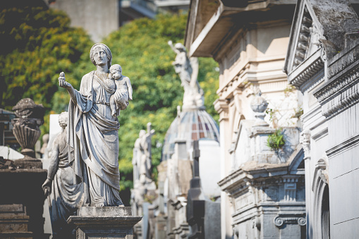 Monuments at Recoleta Cemetery, a public cemetery in Buenos Aires, Argentina.