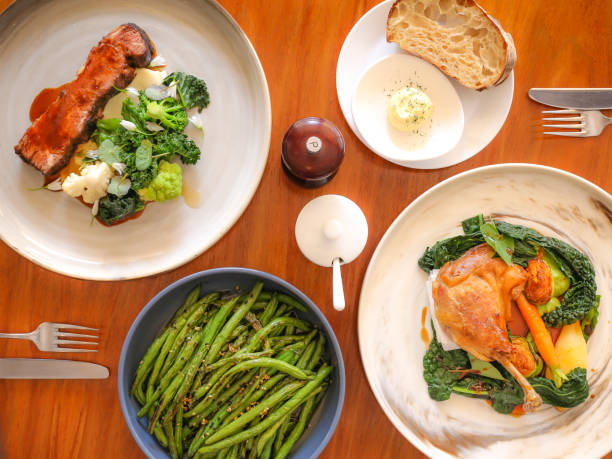 Overhead view of a place setting for two at a fine restaurant