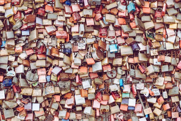 COLOGNE, GERMANY - FEBRUARY 19, 2018: Thousands of love locks which sweethearts lock to the Hohenzollern Bridge to symbolize their love on August 26 in Koln, Germany