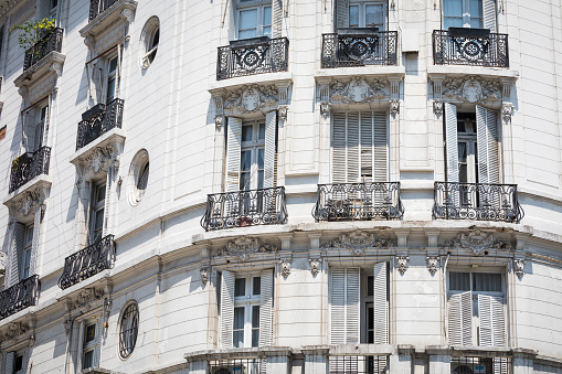 White facade of historic building in Buenos Aires, Argentina.