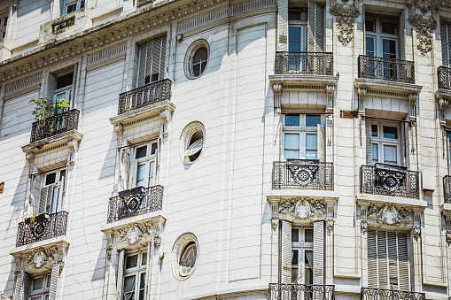 White facade of historic building in Buenos Aires, Argentina.