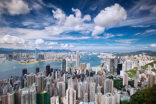 Top view of Hong Kong city, sea, kowloon city and Hongkong harbor from Victoria peak, Hong kong, China